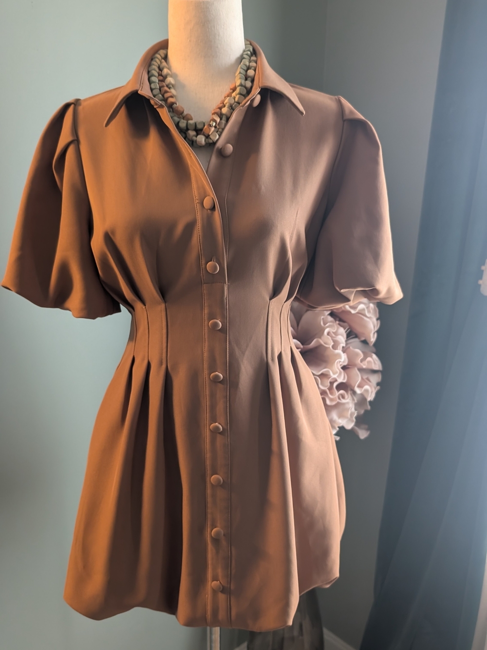 Line & Dot Rust Brown Button-Front Pleated Mini Dress